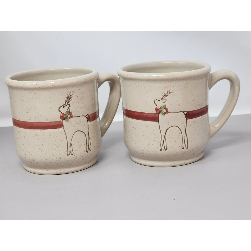 Set Of 2 Tender Heart Treasures Stoneware Mugs With Reindeer Design & Red Band